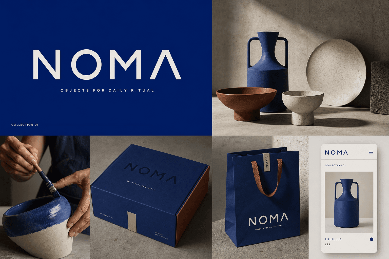 Noma Objects architectural homeware identity with wordmark, ceramics, packaging, shopping bag and mobile storefront