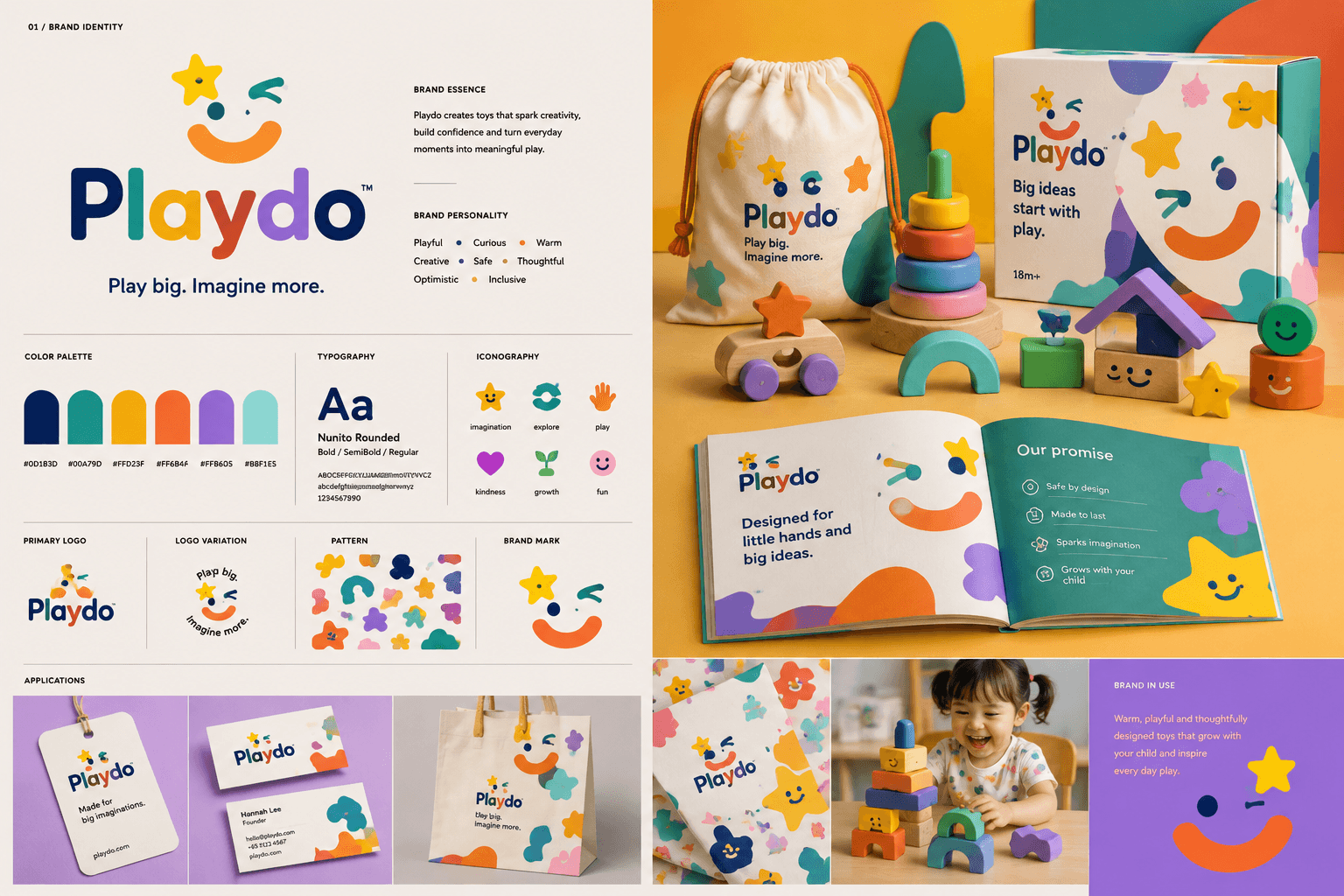 Playdo children's toy brand identity with logo, palette, packaging, toys and applications